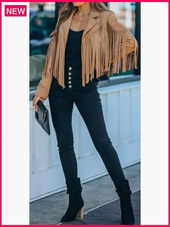 Faux Suede Leather Cropped Jacket with Fringe Tassel Western Style - Picture 4 of 6